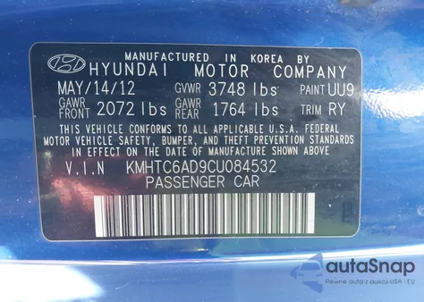 2012 Hyundai Veloster Base W/Black z USA, uszkodzony, nr VIN KMHTC6AD9CU084532